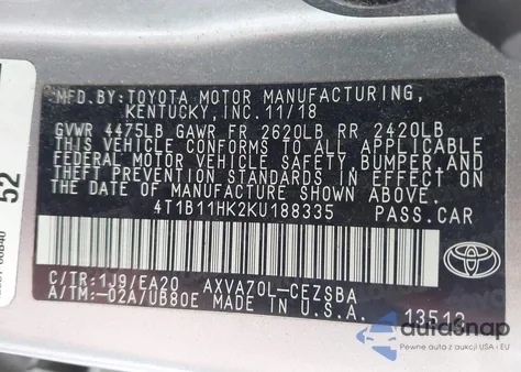 2019 Toyota Camry Se z USA, uszkodzony, nr VIN 4T1B11HK2KU188335